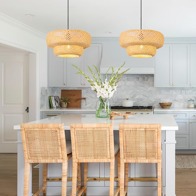 Boho Bamboo Pendant Light 17.72" Beige Wicker Chandelier Handmade Rattan Dining Room Lights Farmhouse Hanging Lighting Fixture for Kitchen Island Bedroom Living Room Hallway Coffee Restaurant