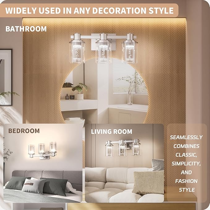 Quntis Brush Nickle Bathroom Lighting Fixtures with 5 Color Mode, 3-Light Dimmable Modern Bathroom Vanity Light Over Mirror, 21 Watt Eye Protection LED Wall Lamp 16 Inch (UL Certified, Bulbs Included)