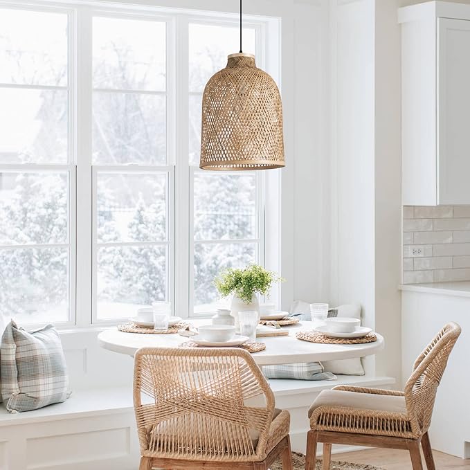 11.81" Dome Woven Pendant Light Fixture, Handmade Geometric Boho Bamboo Woven Pendant Light for Kitchen Dining Room Bedroom Living Room