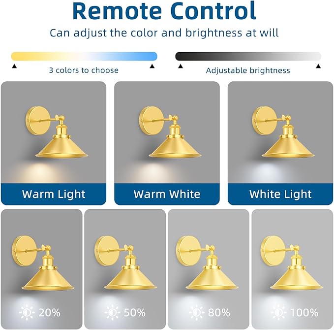 Gold Battery Operated Wall Sconce Set of 2,Vintage Wireless Wall Sconces with Remote,Dimmable Led Wall Lights,Wall Lamp Fixture Indoor Bedroom Living Room Kitchen,LED Bulbs Included