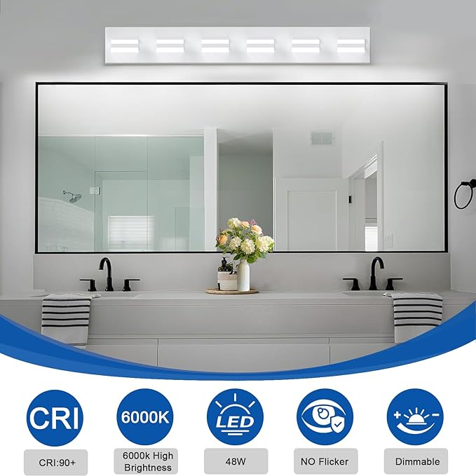IZORRO LED Modern Bathroom Lights Fixtures(6-Light,Dimmable,360°Rotate),Matte White Acrylic Wall Lighting,Vanity Lights for Bathroom Over Mirror - 6000k 36In （No Assembly Required）