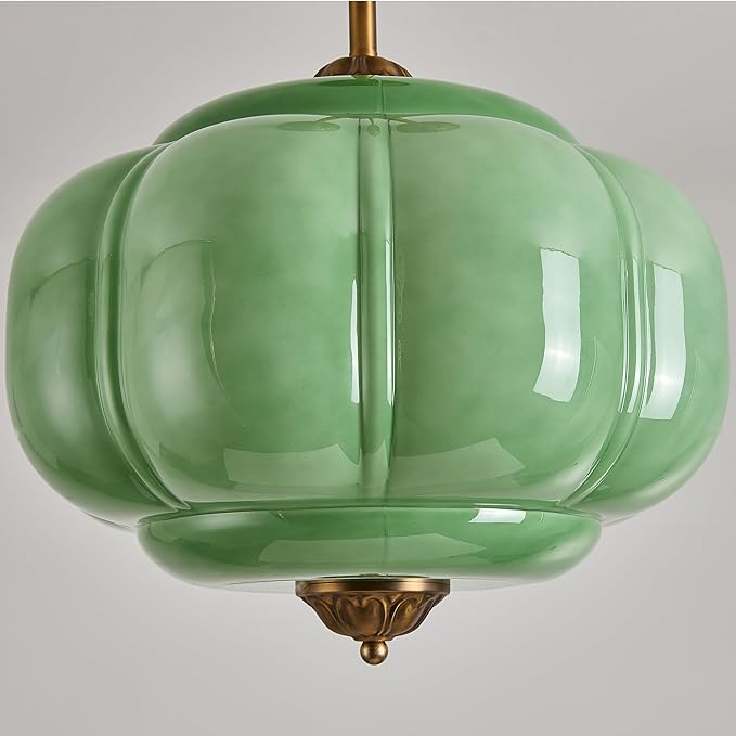 Green Milk Glass Ceiling Light Fixture, 15" Semi Flush Mount Pendant Light with Antique Brass Finish, Schoolhouse Light Fixture - Antique Chandelier for Kitchen, Hallway, Dining Room