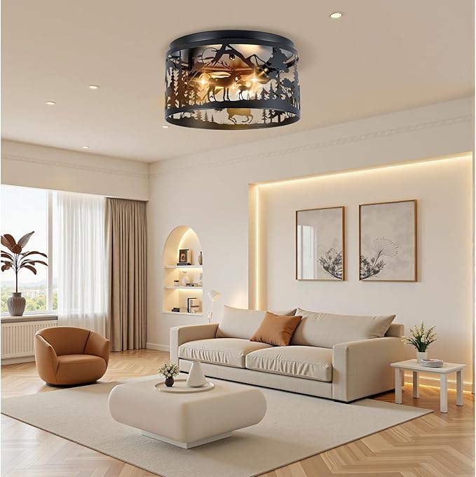 Farmhouse Rustic Ceiling Light Fixtures -Horse & Deer Design, 2-Light E26 Round Metal Fixture for Kitchen, Bedroom, Foyer, Entryway, Lodge (Bulbs Not Included)