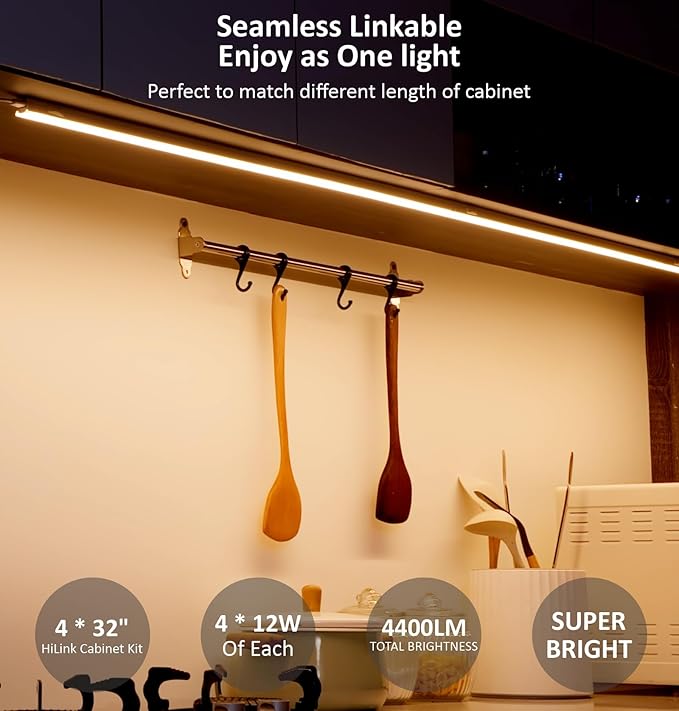 Leetdud Under Cabinet Lighting Plug in, 32 Inch 4 Pcs, Linkable AC120V 3CCT 3000K/4000K/5000K Ultra Slim, LED Under Cabinet Lights for Counter Light, Kitchen, Shelf, Sink, Workshop, Desk, White