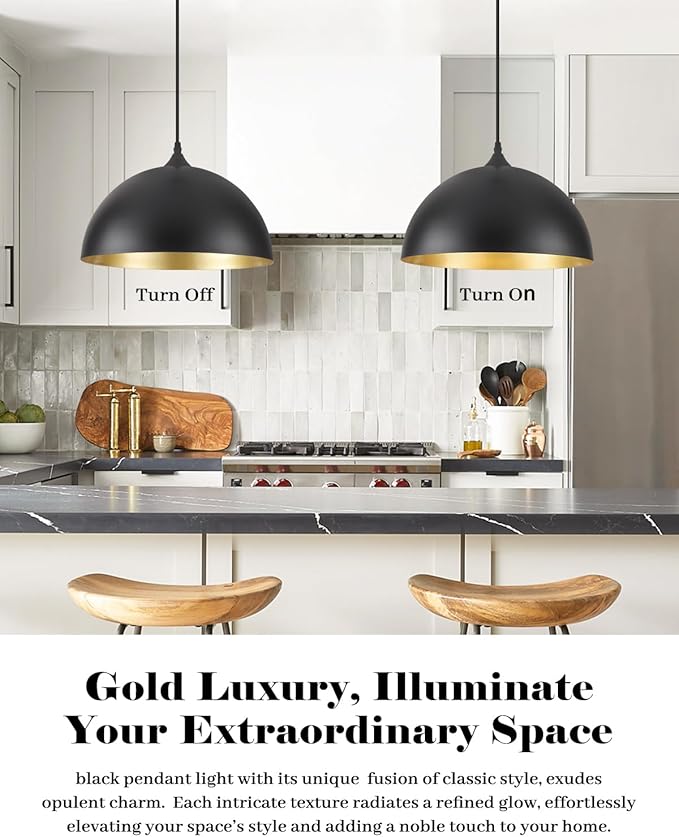 14 Inch Black Dome Pendant Lights, Large Pendant Light Kitchen Island 1 Pack, Black and Gold Island Pendant Light, Kitchen Pendant Lights for Dining Room, Living Room