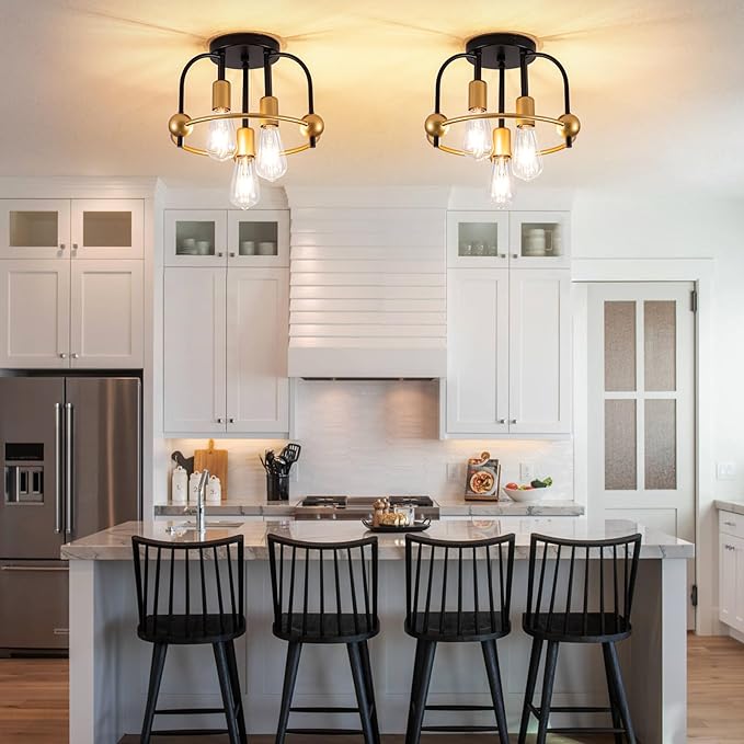 3 Light Industrial Ceiling Light Black Gold Semi Flush Mount Lights Close to Ceiling Light Fixtures,cage design Farmhouse Ceiling Lighting for Kitchen Bedroom Bathroom Foyer Hallway (E26, 2Pack)
