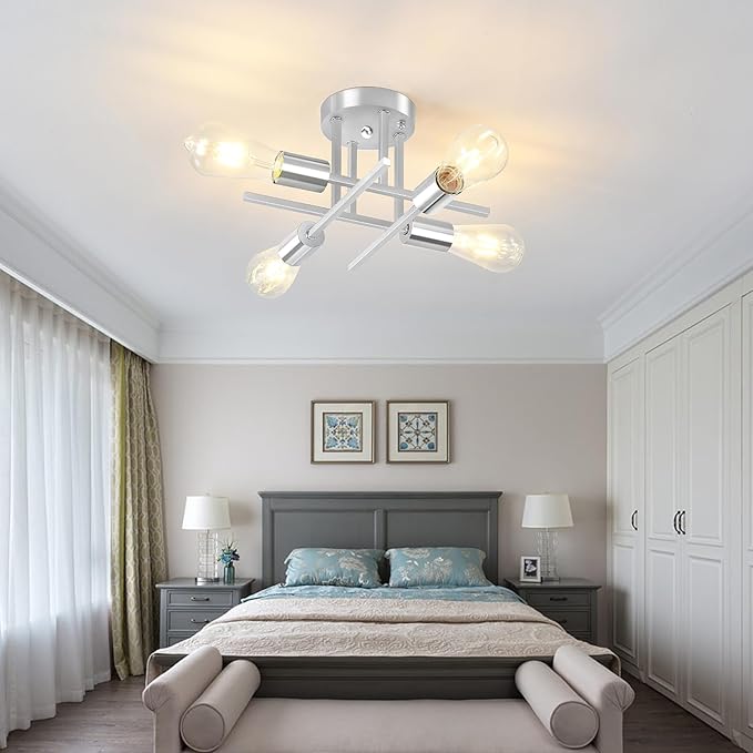 EGM 4-Light Modern Sputnik Ceiling Light Fixture, Chrome Semi Flush Mount Ceiling Lights with E26 Bulb Base, Industrial Chandelier for Dining Room Bedroom Foyer Kitchen Office (2 Pack)