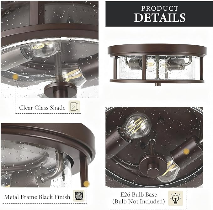 Ceiling Light Fixtures Flush Mount Light, 2 Bulb with Glass Flush Mount Ceiling Lights Fixture Bedroom, Indoor Outdoor Ceiling Lights for Porch Hallway Kitchen