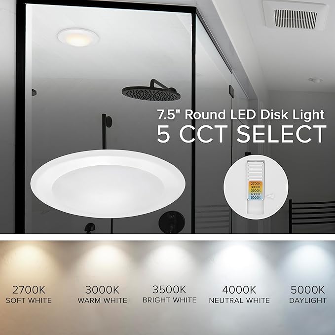 Maxxima 7.5 in. LED Flush Mount Ceiling Light Fixture, 1200 Lumens, 5 CCT 2700K/3000K/3500K/4000K/5000K, Round Disk Light, Dimmable, Recessed Can or J-Box Install