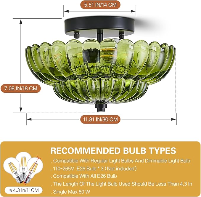 3-Lights Mid Century Modern Vintage Semi Flush Mount Ceiling Light Fixture,Black Surface Treatment,Green Flower Glass,for Hallway Bedroom Bathroom Foyer Closet Entryway Laundry Room(11.81 in)