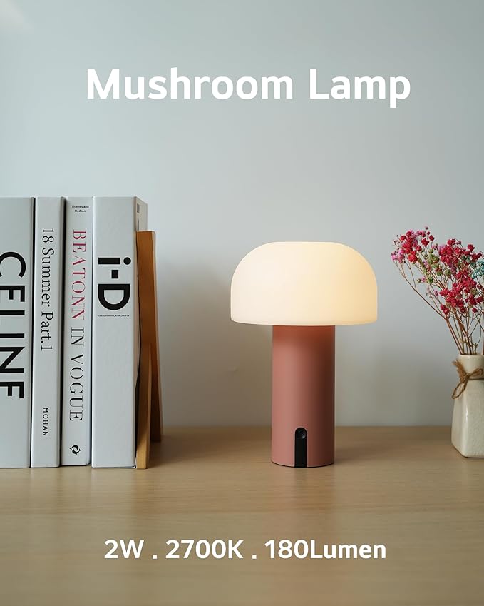 WEILAILUX Cordless Mushroom Table Lamp, Waterproof Shower Lamp, Battery Operated Table Lamp Rechargeable, Touch Dimmable Night Light for Bedroom/Patio/Camping/Dinning/Outdoor (Pink)