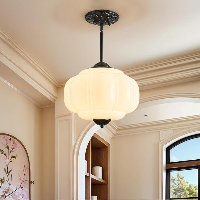 Milk Glass Ceiling Light Fixture, 12" Vintage Scallop Semi Flush Mount Pendant Light, Schoolhouse Light Fixture - Antique Chandelier for Kitchen, Hallway, Dining Room, White/Black