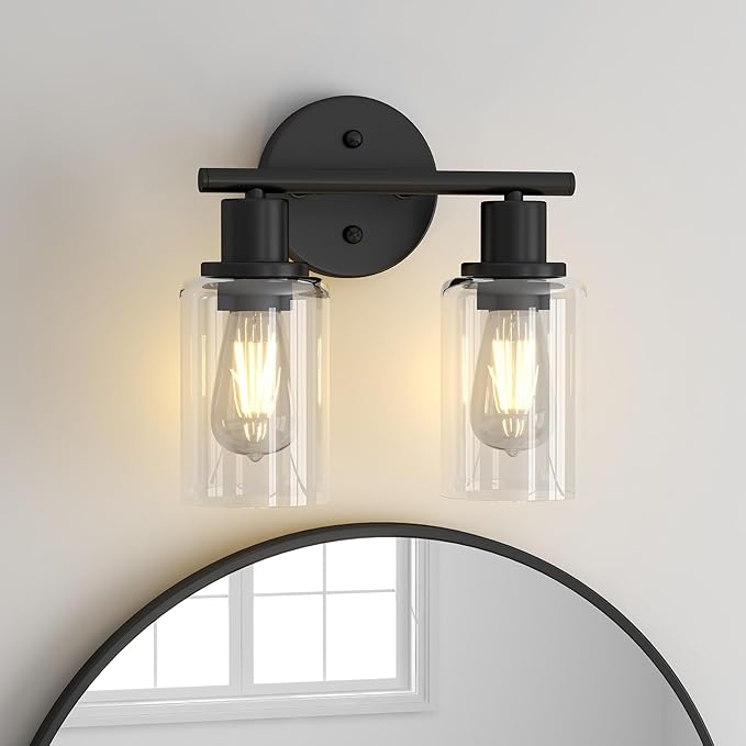 Bathroom Vanity Light Fixtures, 2-Light Black Vanity Light with Glass Shades, Matte Black Vanity Lights for Bathroom, Bathroom Lights over mirror Wall Sconces for Mirror Living Room Bedroom Hallway