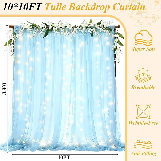 Ledido 10×10ft Blue Tulle Backdrop Curtains with Lights String - 300LED Fairy Lights Sheer Curtain Backdrop for Weddings Baby Shower Photo Shoot Birthday Party Decorations(2 Panels 5×10ft)，Blue