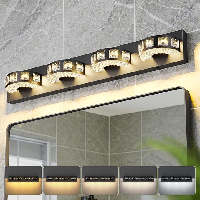Modern Bathroom Vanity Lights 29.1 inch 32W 5 Color Temperature Black Vanity Light (4-Light,Dimmable) Crystal Bathroom Light Fixtures for Mirror, Living Room, Kitchen, Hallway, Cabinet