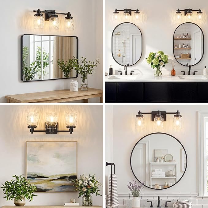 3 Lights Bathroom Light Fixtures Farmhouse Black Vanity Lights for Bathroom Lighting Fixtures Over Mirror with Hammered Glass Lampshade for Cabinet Mirror Bedroom Hallway