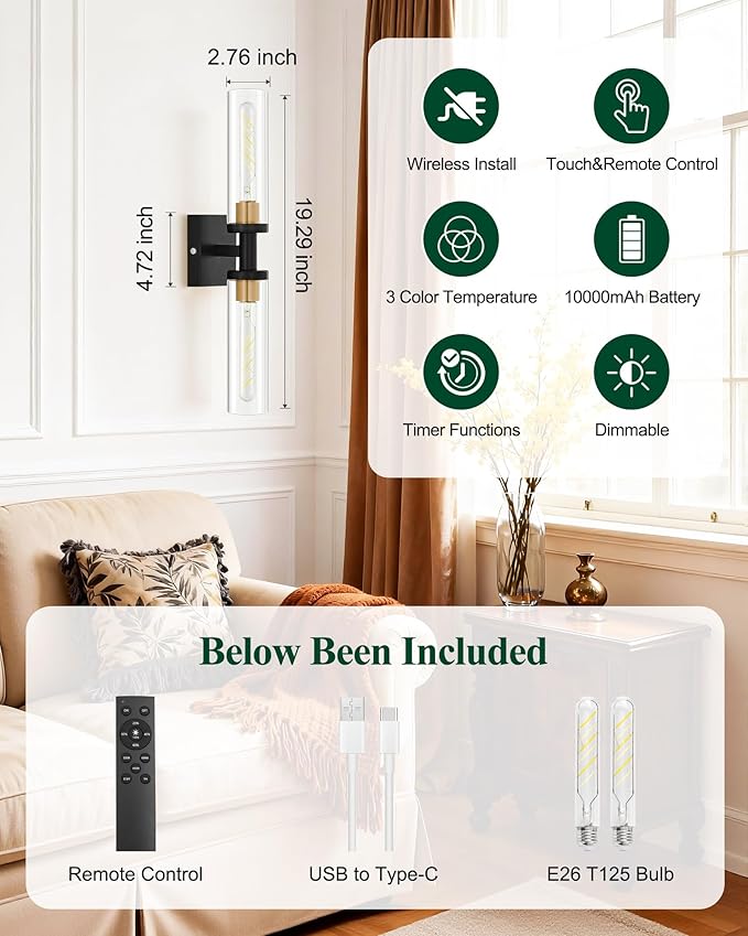 Black and Gold Wireless Battery Operated Wall Sconces Set of 2, Glass Rechargeable Wall Lamps with Remote, Cordless Battery Powered Decor Light Fixture for Bathroom Living room Bedroom Hallway
