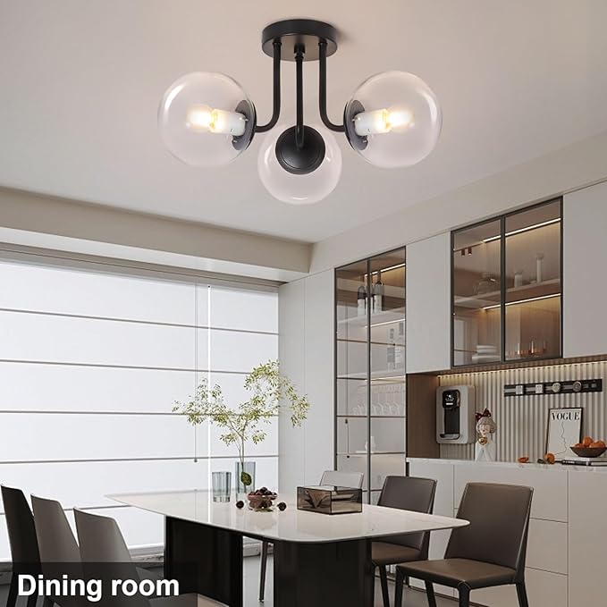 Bektas 3-Lights Semi Flush Mount Ceiling Light Fixture Matte Black Light Fixture Bend Modeling with Transparent Glass Shade for Bedroom,Living Room,Dinning Room Foyer Hallway