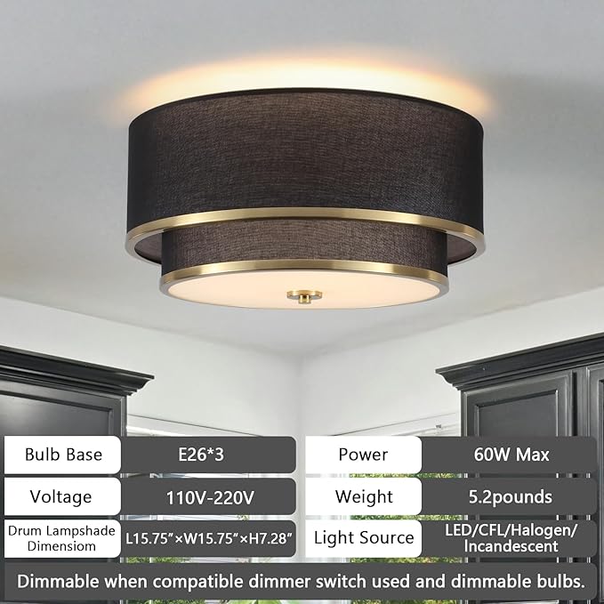 Luupyia 15.75 Inches Drum Ceiling Light Black and Gold, 3-Lights Fabric Simple Semi Flush Mount Ceiling Lights with Double Fabric Shade, Drum Overhead lighting for Bedroom Hallway Living Room E26, 60W