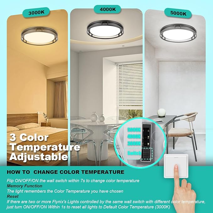 13 Inch LED Flush Mount Ceiling Light Fixture, 26W, Super Bright 1700 Lumens, 3 Color 3000K/4000K/5000K, Dimmable Ceiling Lamp for Bedroom Hallway Bathroom Kitchen Laundry (Black)
