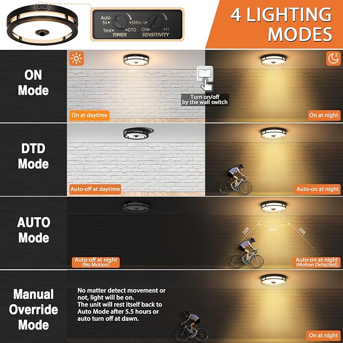 Outdoor Motion Sensor Flush Mount LED Light, 12" Dusk to Dawn Porch Modern Black Exterior Light, Ceiling Light Fixture for Farmhouse Garage Entry