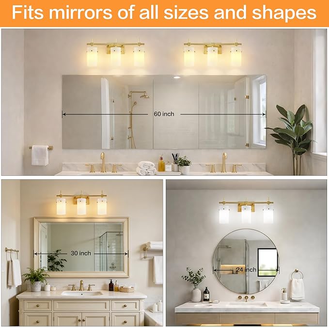 SOLFART 3-Light Bathroom Vanity Light, Modern Brushed Gold Wall Lights with Milky White Clear Glass Shades, Bathroom Wall Sconce Lamp for Mirror Living Room Bedroom Hallway (Bulbs Not Included)