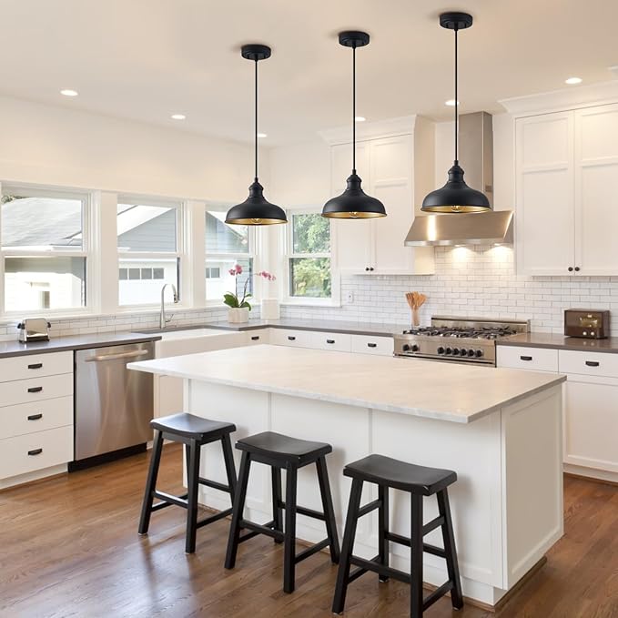 10in Dome Outdoor Pendant Barn Lights Black Kitchen Island Pendant Lamp with Brass Interior, Hallway Porch Ceiling Hanging Lights, Farmhouse Style Indoor Pendant Fixture for Home, Ajustable