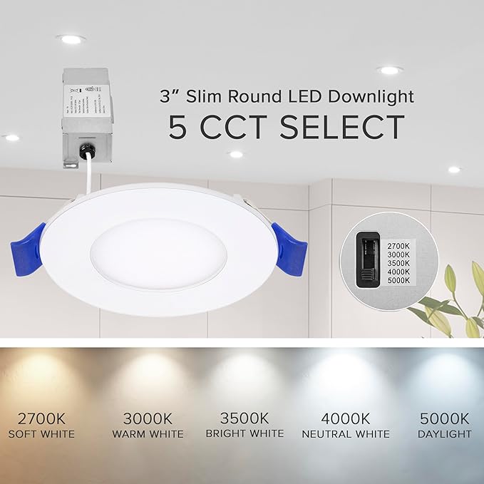 Maxxima 3 in. 5 CCT Ultra Thin Recessed LED Downlight, 500 Lumens, Slim Canless Light, IC Rated, 5 Color Temperature Selectable 2700K/3000K/3500K/4000K/5000K, Dimmable, White Trim, J-Box Included