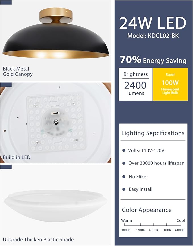 Kudos 16 Inch Flush Mount LED Ceiling Light, 2 Pack - Black & Gold, 24W 2400Lm, 5Cct Adjustable for Kitchen, Hallway, Bathroom