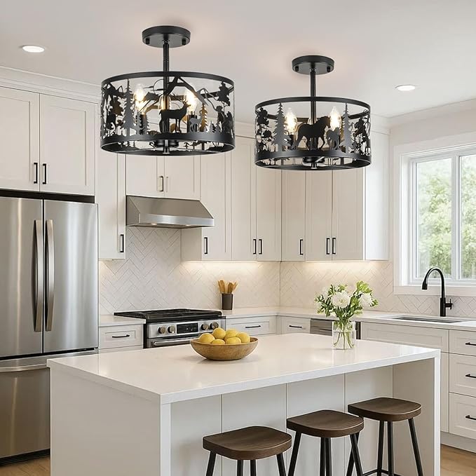 Farmhouse Rustic Ceiling Light Fixtures-Horse & Deer Design, 3-Light Round E26 Base Black Metal Fixture for Kitchen, Living Room,Foyer, Bedroom, Hallway(Bulbs not Included)