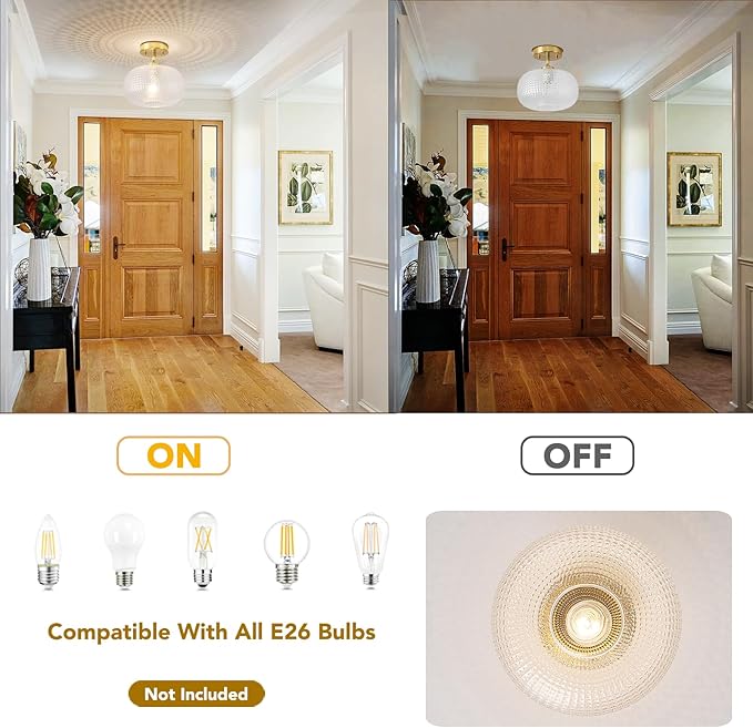 Modern Prismatic Globe Ceiling Light,Vintage Glass Flush Mount Light Fixture with Brass Gold Base Hallway Ceiling Lighting for Bedroom,Foyer,Kitchen,Laundry Room,Entryway,9.84 Inch,E26 1-Light