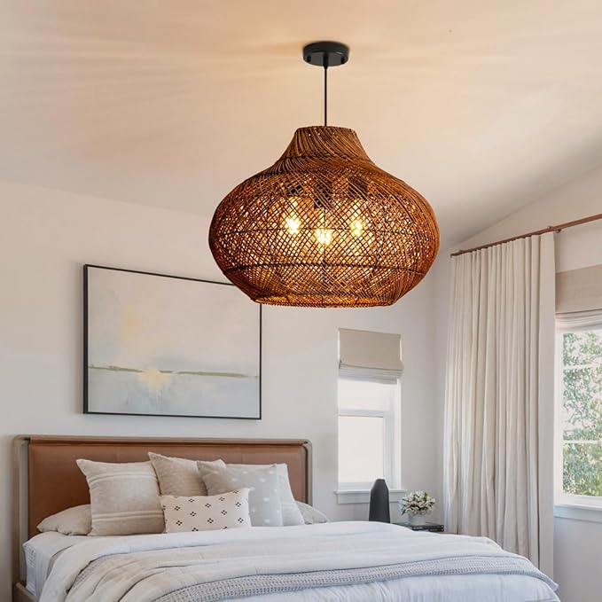 18.9IN Boho Rattan Chandelier 3-Lights Hand-Woven Rattan Pendant Light Farmhouse Wicker Dining Room Light Hanging Bamboo Pendant Light Fixture for Kitchen Island Living Room Hallway Reataurant