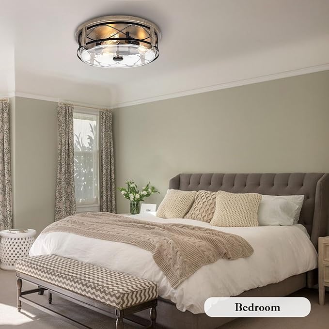 16 Inch Farmhouse Flush Mount Ceiling Light With Seeded Glass, 3-Light Wood Grain Round Lamp, Modern Large Indoor Outdoor Lighting for Kitchen Bedroom Living Dining Room