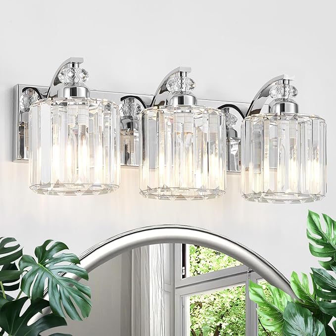 3-Light Modern Bathroom Light Fixture Chrome Vanity Lights Over Mirror Wall Sconce Lighting with K9 Crystal Shades Bathroom Wall Lamp E26 Base for Bedroom, Living Room, Hallway, Cabinet