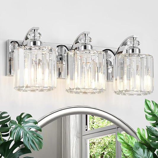 3-Light Modern Bathroom Light Fixture Chrome Vanity Lights Over Mirror Wall Sconce Lighting with K9 Crystal Shades Bathroom Wall Lamp E26 Base for Bedroom, Living Room, Hallway, Cabinet