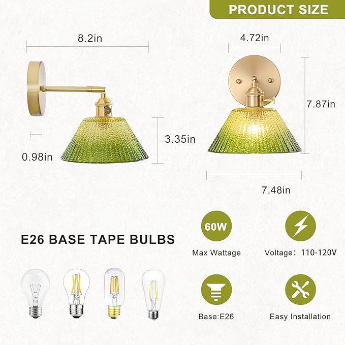 Wall Sconces Set of Two Hardwired, Vintage Wall Light with Gradient Green Glass Lampshade, Bathroom Wall Sconces with Switch, Gold Wall Light Wall Decor Set of 2