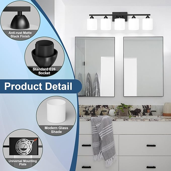 Black Bathroom Lighting Fixtures Over Mirror, 5-Light Anti-Rust Vanity Light for Bathroom, 28.34Inches Modern Wall Sconce, Standard E26 Base, Milky White Glass Shades, Bulbs Not Included