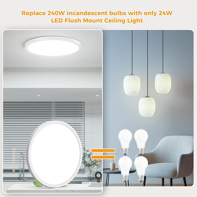 LED Flush Mount Ceiling Light,12inch 24W,2700K-6500K 5 Color Temperature Selectable Ceiling Lights, 3200LM Low Profile Ceiling Light for Bedroom Kitchen Hallway