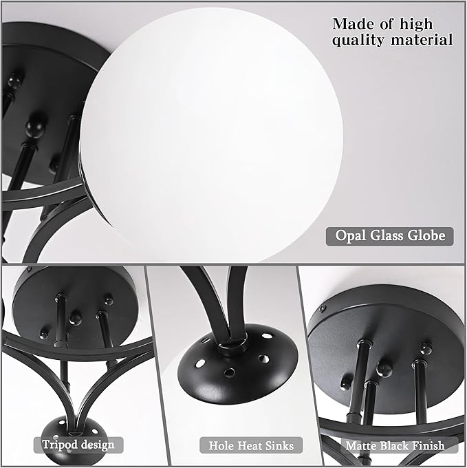 3-Light Sputnik Chandeliers Chandeliers Modern Semi Flush Mount Globe Ceiling Light Mid Century Ceiling Light Frosted Glass Matte Black Chandeliers for Hallway Laundry Bedroom Entryway Living