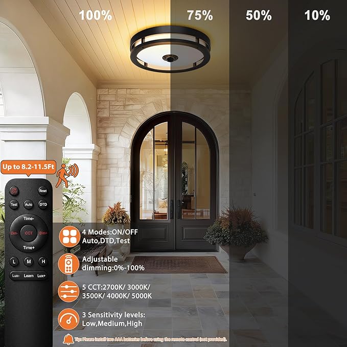 Outdoor Motion Sensor Ceiling Light with Remote,24W Dimmable & 2700K-5000K Adjustable Exterior Flush Mount Ceiling Lights,12" Outdoor Porch Light Fixture for Garage,Entryway,Patio,Black