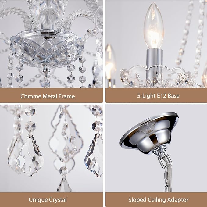 5-Light Modern Candle Crystal Glass Chandelier Pendant Ceiling Lighting Fixture for Dining Room Kitchen Hallway Living Room Bedroom Bar Closet, 23" Chrome Contemporary Elegant Lamp