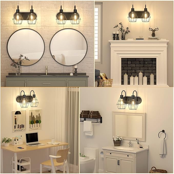 Bathroom Vanity Light Fixtures, 2-Light Bathroom Lighting Fixtures Over Mirror with Cage, E26 Base Black Farmhouse Wall Sconces for Bedroom Living Room, UL Listed