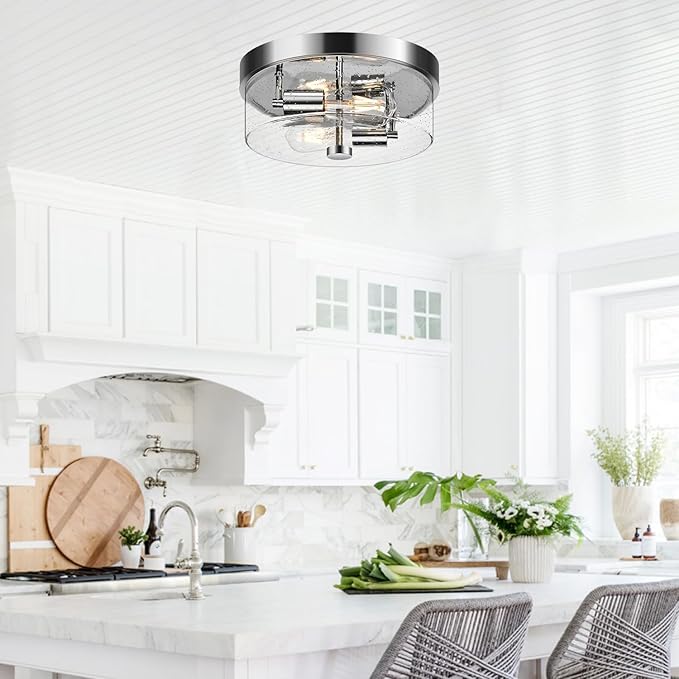 Flush Mount Ceiling Light Fixtures, 2-Light Chrome Ceiling Mount for Farmhouse with Seeded Glass Lampshade, Industrial Hall Flush Mount Light Fixture for Hallway, Kitchen, Entryway, Bedroom and Foyer