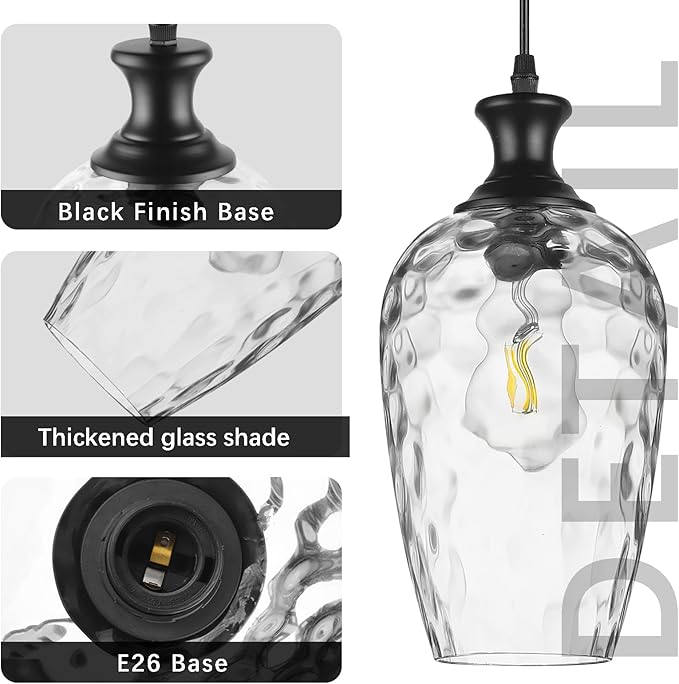 Glass Pendant Lights Kitchen Island, 1-Light Black Pendant Light Fixtures with Hand-Blown Clear Glass, Farmhouse Hanging Light for Kitchen Sink Dining Room Bedroom, E26