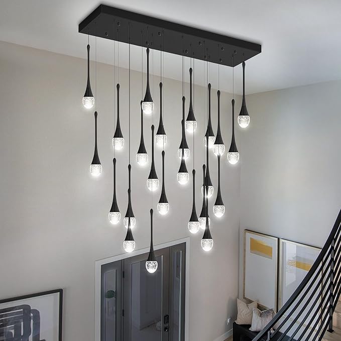 ykolupty 24-Lights Rectangular Chandelier Crystal Raindrop Chandeliers Flush Mount Ceiling Light for Dining Room Living Room High Ceiling Chandelier for Staircase Foyer Entryway Black Chandeliers