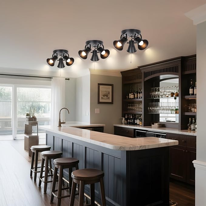KEESFU Adjustable 3-Light Track Lighting with Pull Chain Switch, Modern Round Ceiling Lamp for Kitchen Hallway Bathroom, Directional Flush Mount Fixture for Dining Room Bedroom Office.