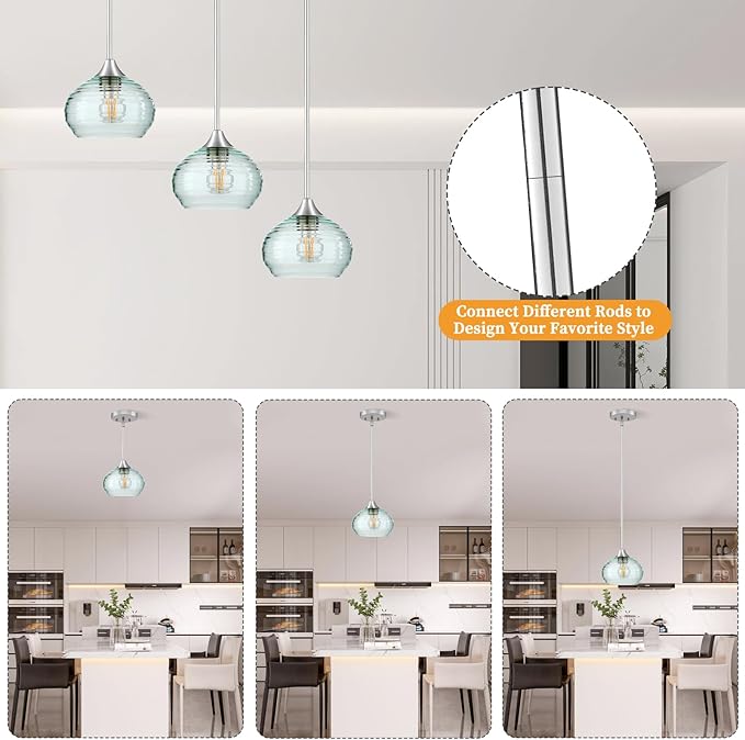 Pendant Lights Kitchen Island, Single Pendant Lights with Adjustable Height 5"-42", Pendant Light Fixtures with Green Glass Shade, Green Pendant Light for Living Room Bedroom Dining Room E26 Base