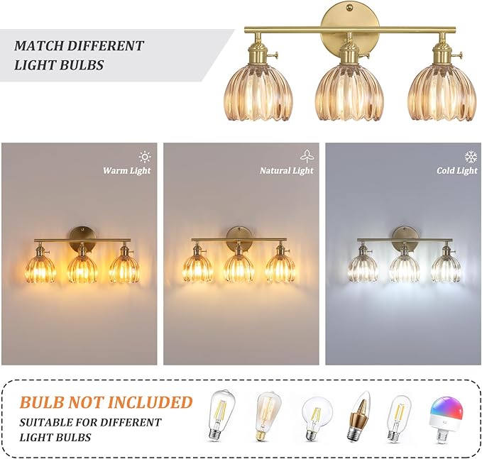Shenmoyl Bathroom Light Fixtures, 3-Light Brass Vanity wall Light Over Mirror with Amber Tulip Glass Shade for Bedroom Living Room (Bulb Not Included)