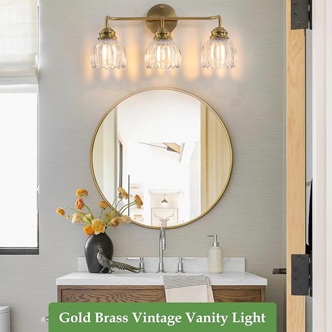 3 Light Vintage Bathroom Light Fixtures, Gold Bathroom Vanity Light, Brass Finish with Clear Tulip Glass Shade, Wall Lighting for Bedroom, Living Room, Hallway,E26 Base