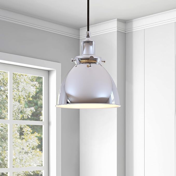 Henn&Hart 8'' Industrial Dimmable Pendant Light Fixture with Polished Silver Metal Dome Shade and 8' Adjustable Cord for Kitchen Island, Dining Room or Game Room, Polished Silver